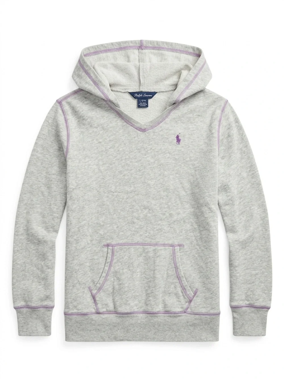 RALPH LAUREN Girls Heather Grey Hoodie Purple Pony Logo Size L 12-14